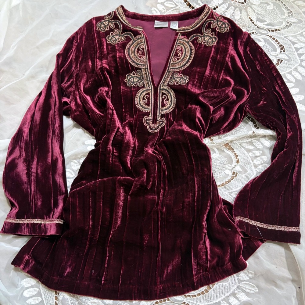 Y2K Whimsical Gothic Boho Fall L XL Burgundy Silk Blend Velvet Embroidered Top